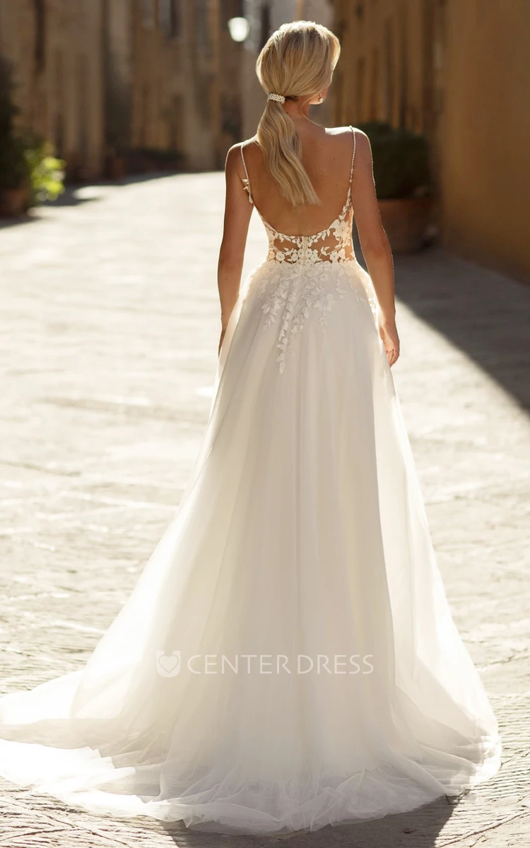 Bohemian Lace Spaghetti A-Line Country Wedding Dress with Open Back and Appliques