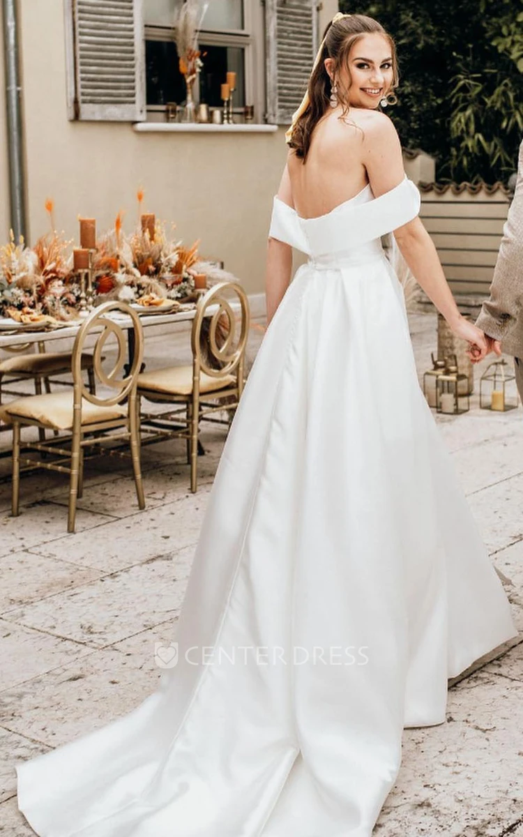 Off-the-shoulder A-Line Simple Sexy Beach Satin Wedding Dress With Open Back And Split Front