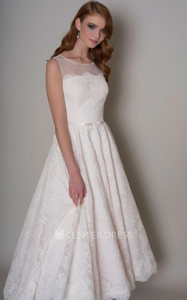 A-Line Appliqued Sleeveless Long Scoop Lace Wedding Dress With Illusion Back