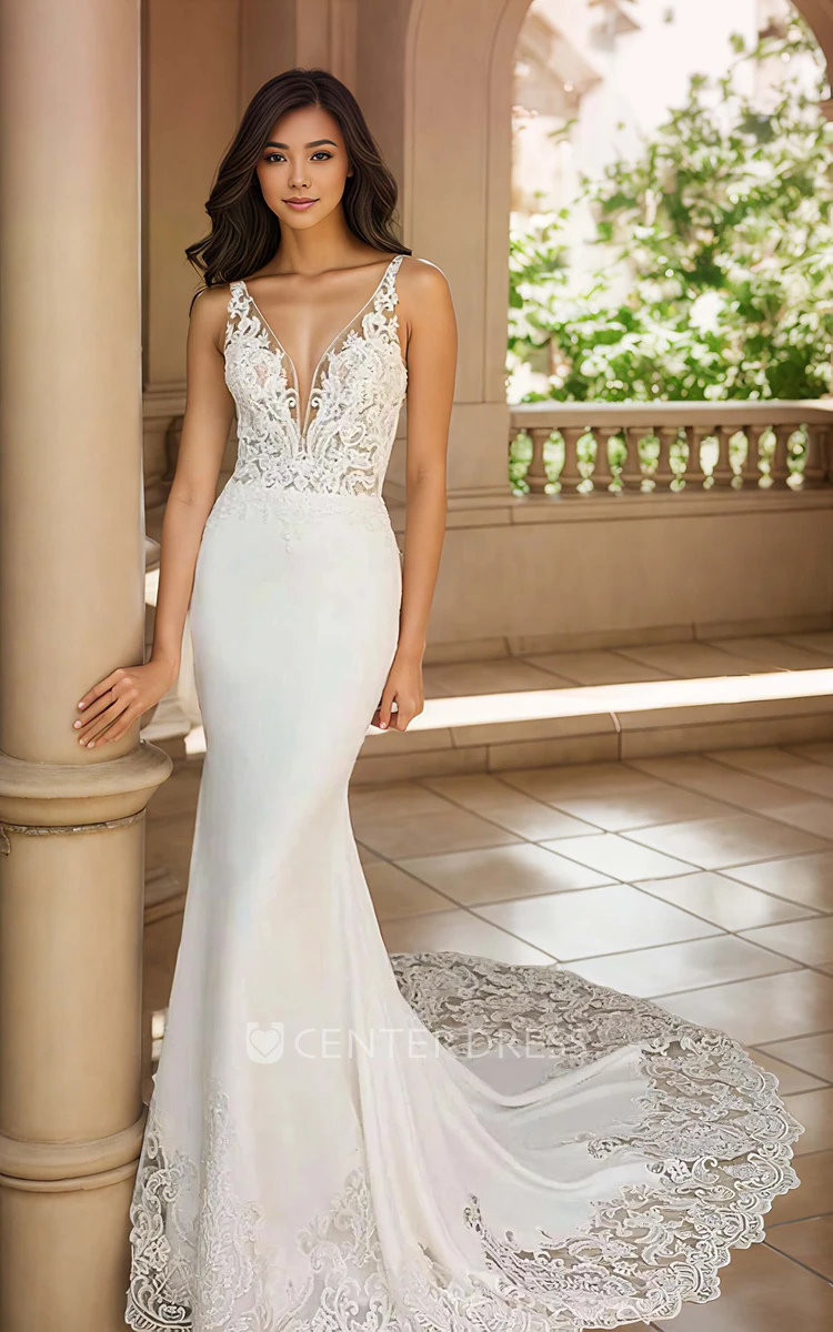 Elegant Vintage Mermaid Straps V-neck Satin Appliques Wedding Dress Timeless Court Sleeveless Floor-length Bridal Gown with Chapel Train Illusion Back