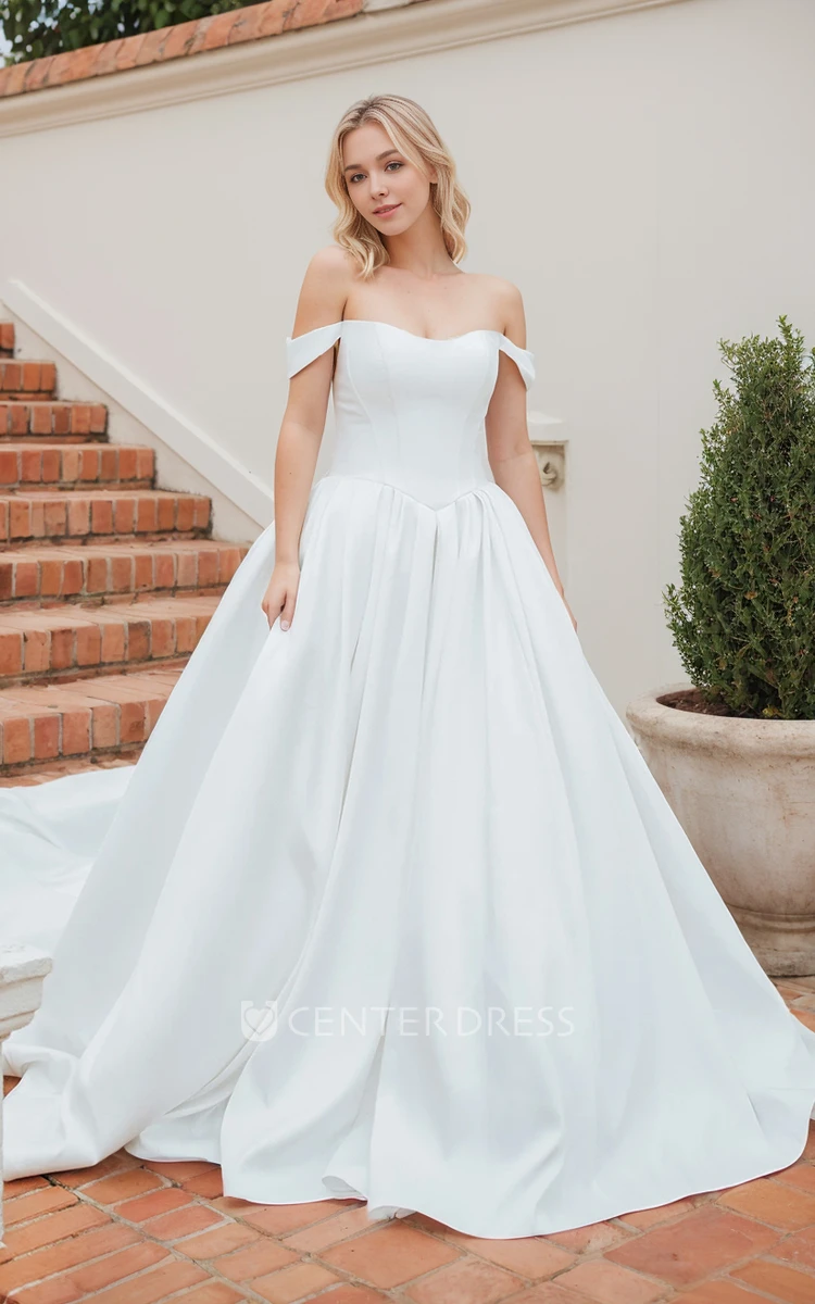 Simple Elegant A-Line Off-the-shoulder Satin Wedding Dress Vintage Sleeveless V-Back Bridal Gown