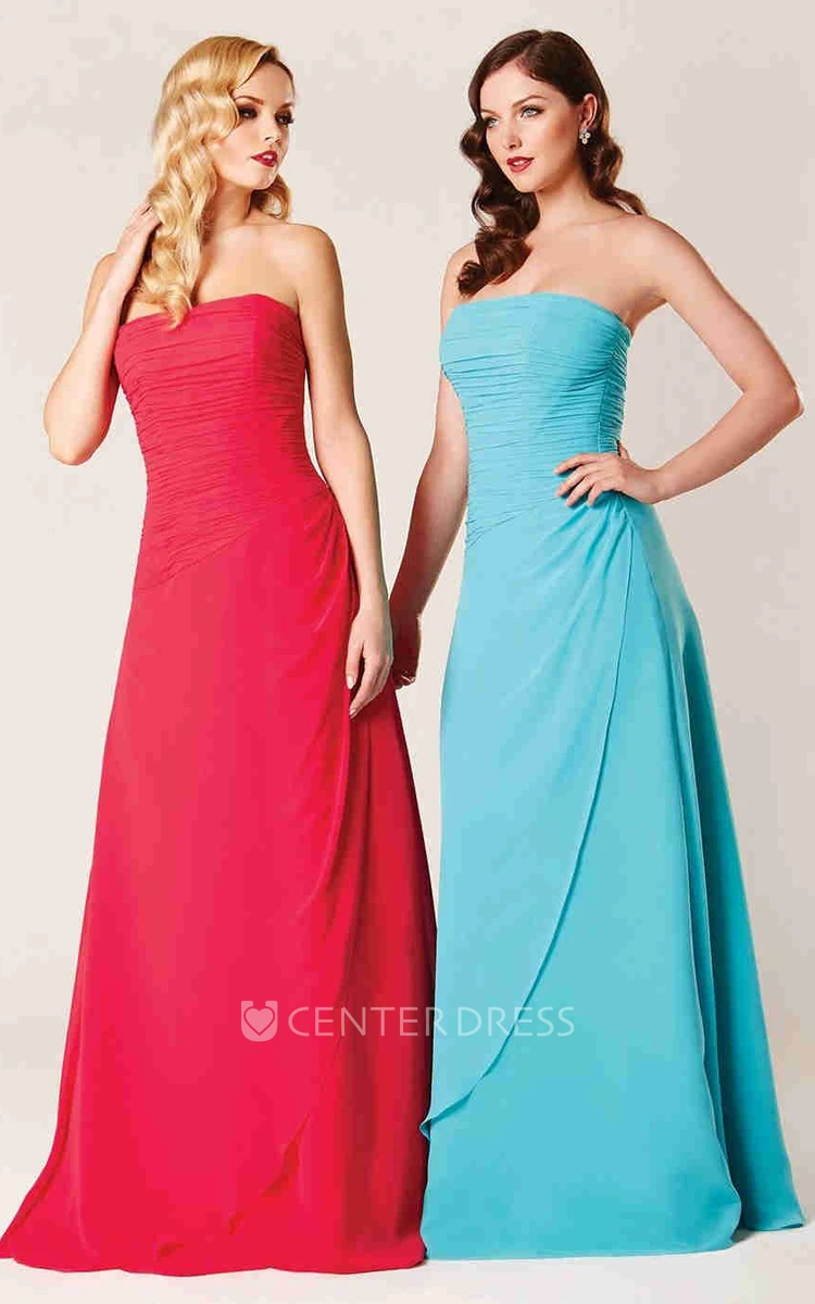 Floor-Length Strapless Ruched Chiffon Bridesmaid Dress With Draping And Lace Up