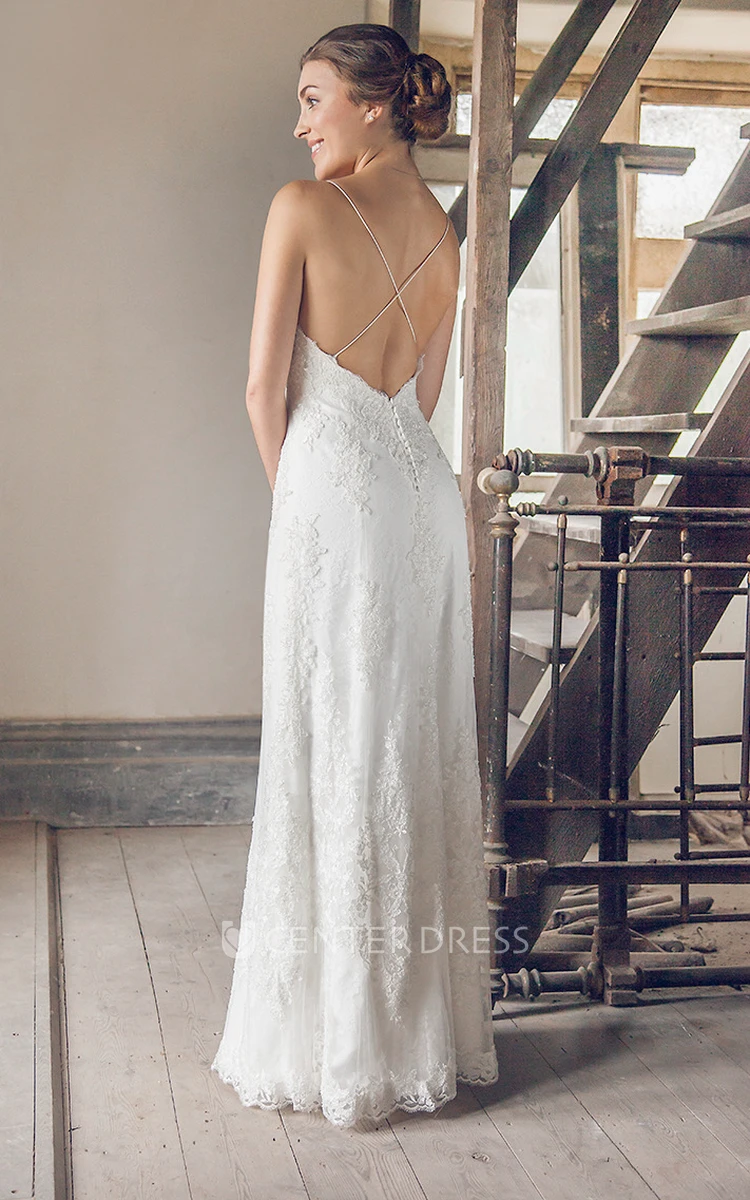 Long Spaghetti Sleeveless Appliqued Lace Wedding Dress
