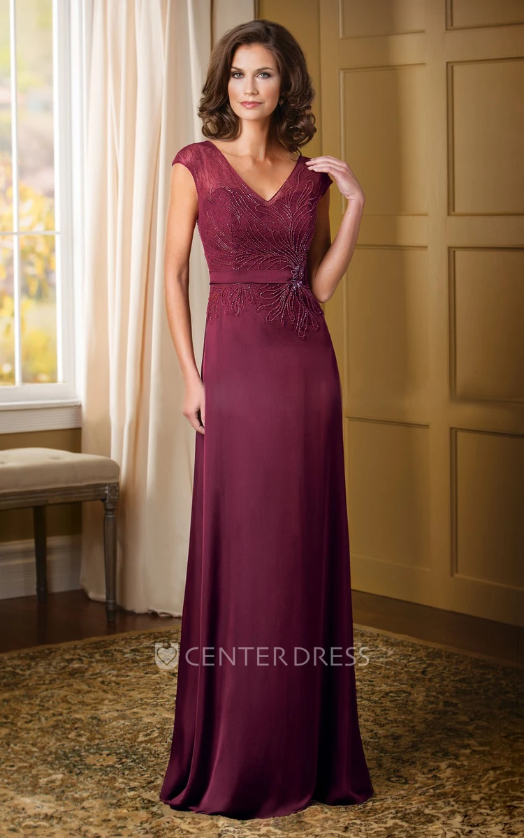 Cap-Sleeved V-Neck Mother Of The Bride Dress With Beadings And Lace Detail