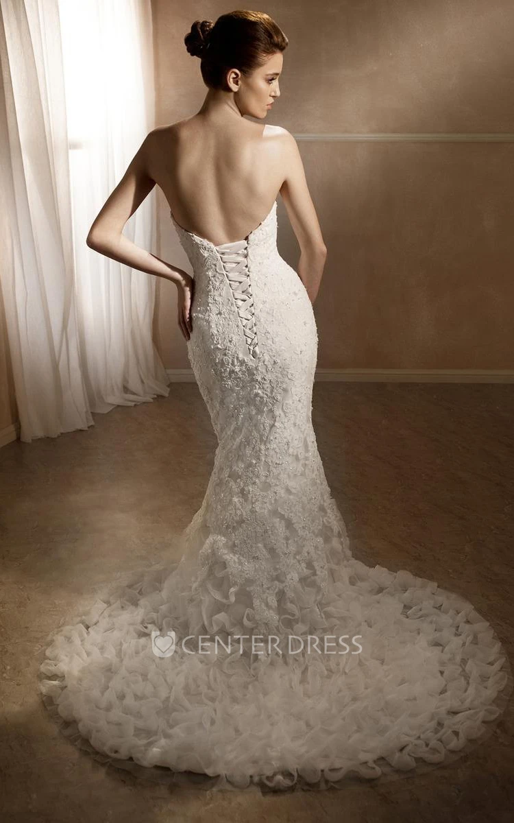 Mermaid Strapless Beaded Lace Wedding Dress With Ruffles And Lace Up