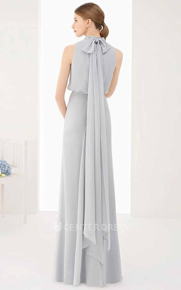 High Neck Sleeveless A-Line Chiffon Long Prom Dress With Neck Bow