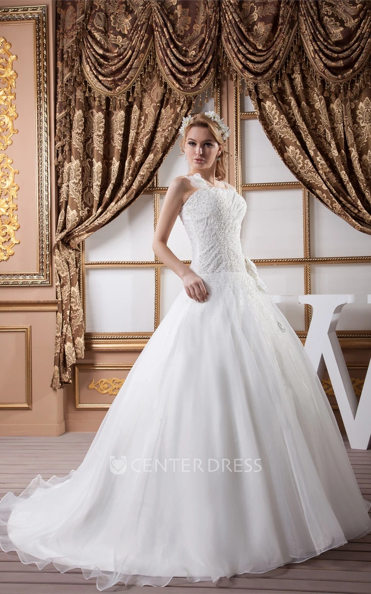 Sleeveless Straps Organza A-Line Wedding Gown with Flower and Beading