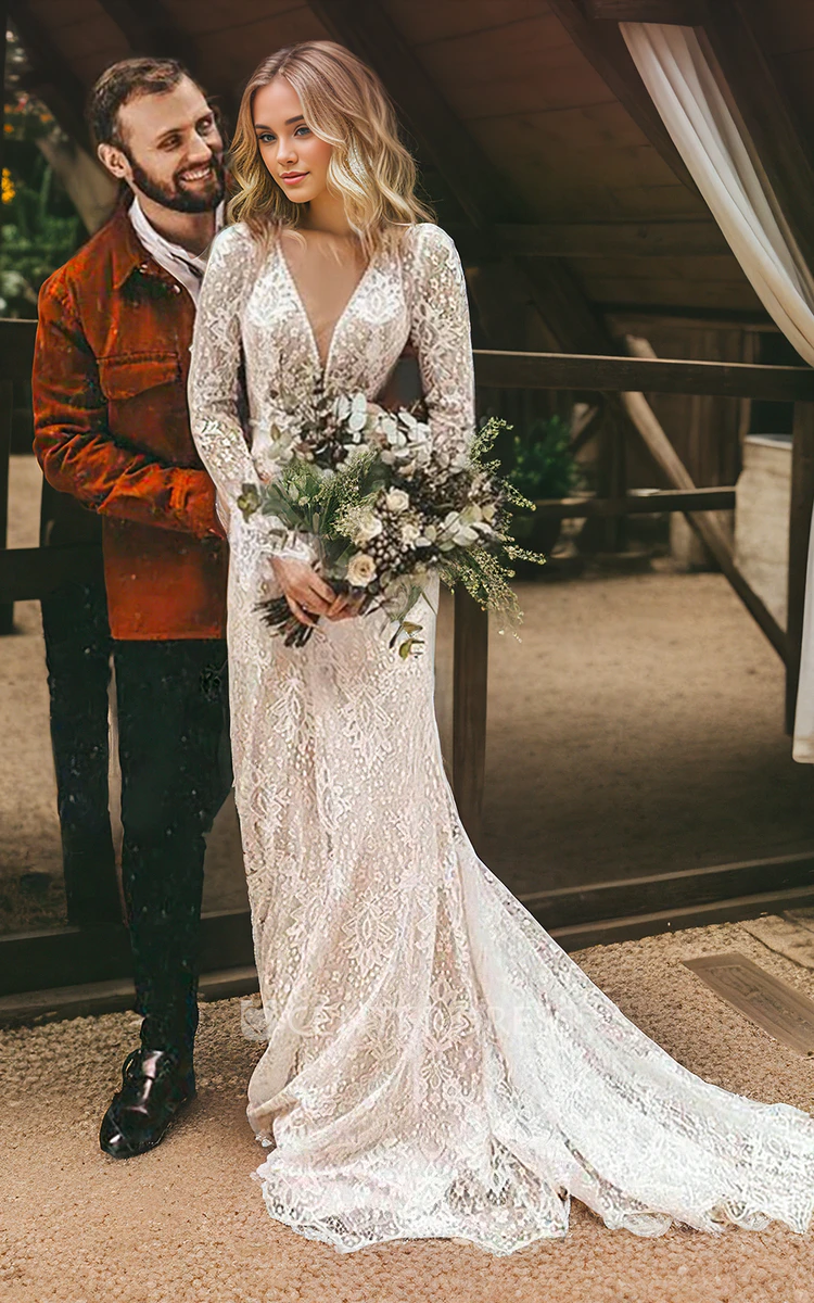 Lace Long Sleeve Boho Floral Vintage V neck A Line Wedding Dress