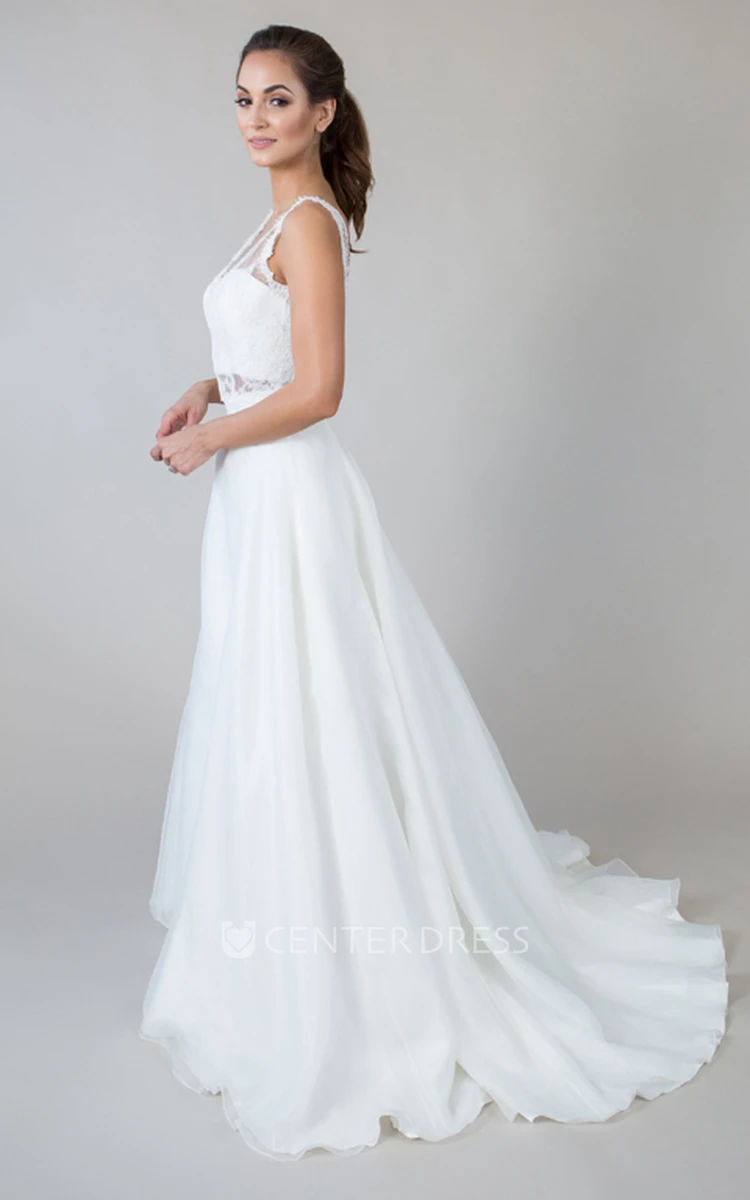 A-Line Sleeveless Appliqued Floor-Length V-Neck Lace&Satin Wedding Dress