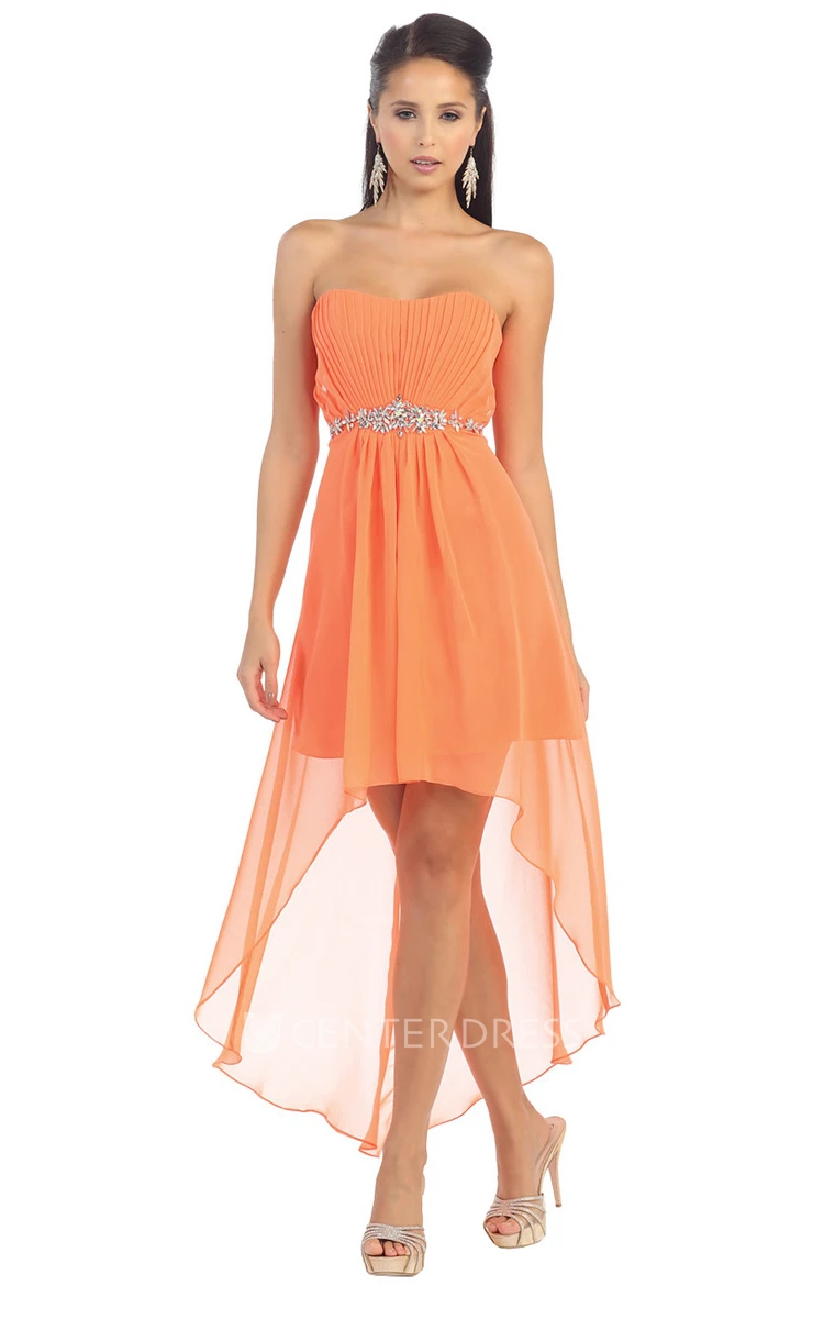 A-Line High-Low Strapless Chiffon Lace-Up Dress With Ruching And Waist Jewellery