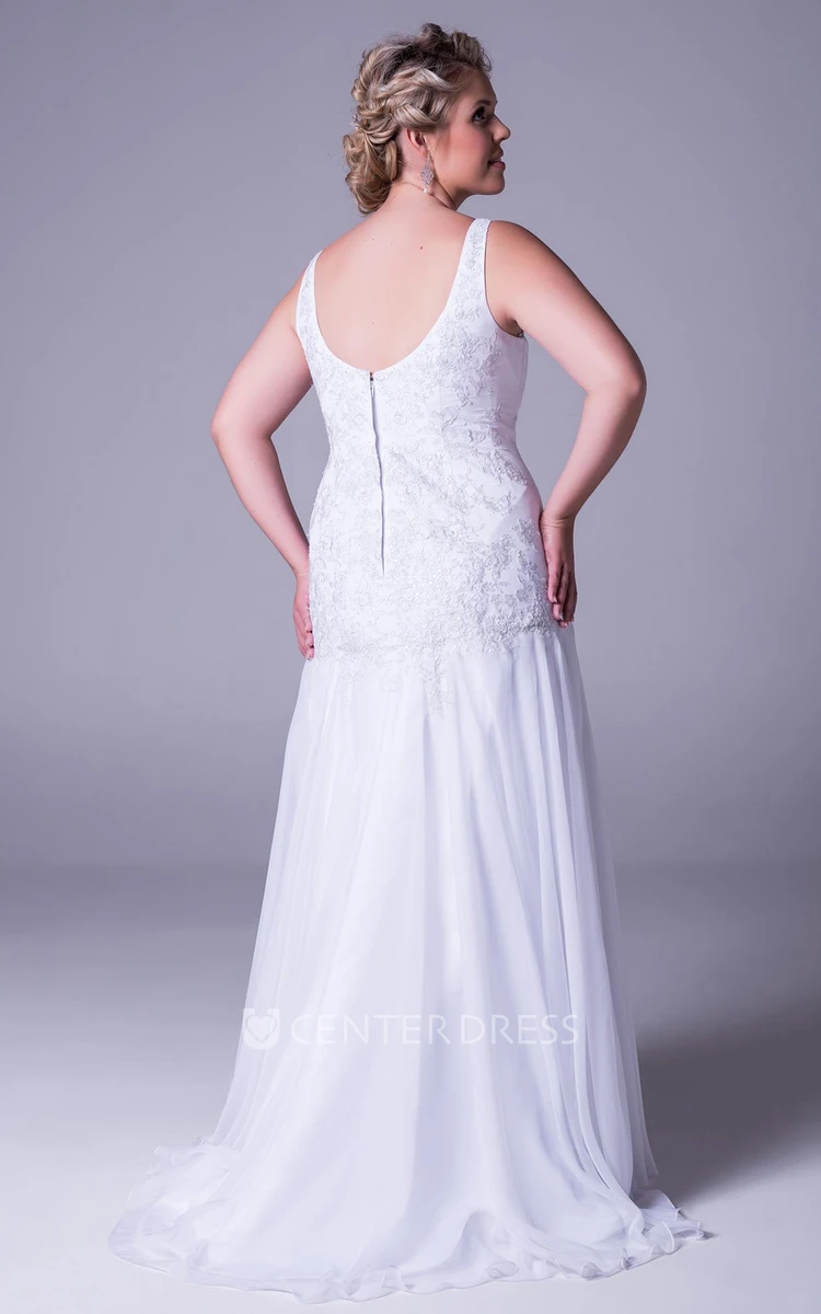 V-Neck Pleated Long-Sleeveless Chiffon Plus Size Wedding Dress With Appliques And V Back