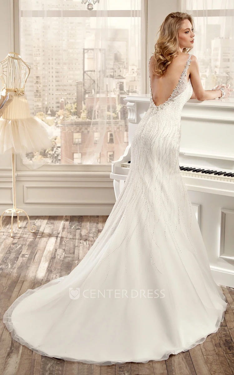 Beaded Mermaid Wedding Dress With Open Back And Illusive Neckline