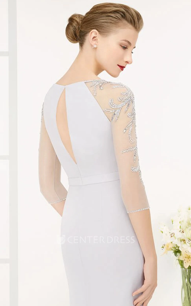 Sheath Half-Sleeve Jewel-Neck Beaded Maxi Chiffon Prom Dress With Broach