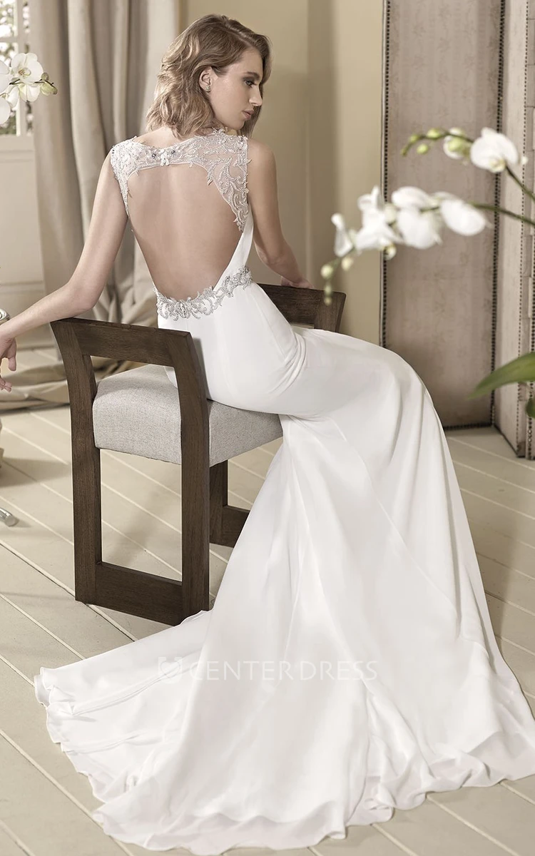 Sheath Long V-Neck Sleeveless Jeweled Wedding Dress With Appliques