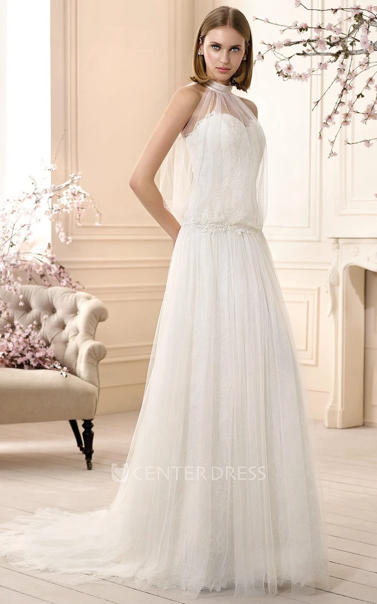 A-Line Sleeveless Long High-Neck Lace Tulle Wedding Dress