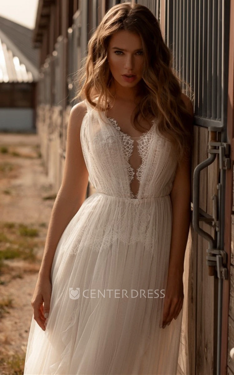 Elegant A-Line Tulle Plunging Neck Wedding Dress with Ruching