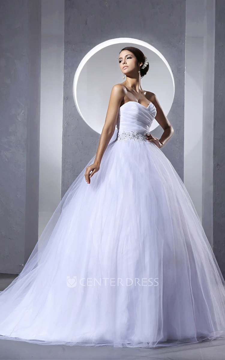 Criss-Cross A-Line Ruching Ball Gown Tulle Wedding Dress With Beaded Sash