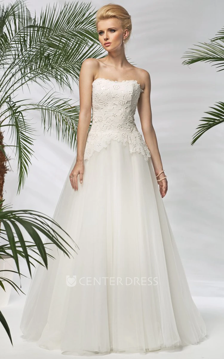 A-Line Sleeveless Floral Long Strapless Tulle Wedding Dress With Beading And Appliques