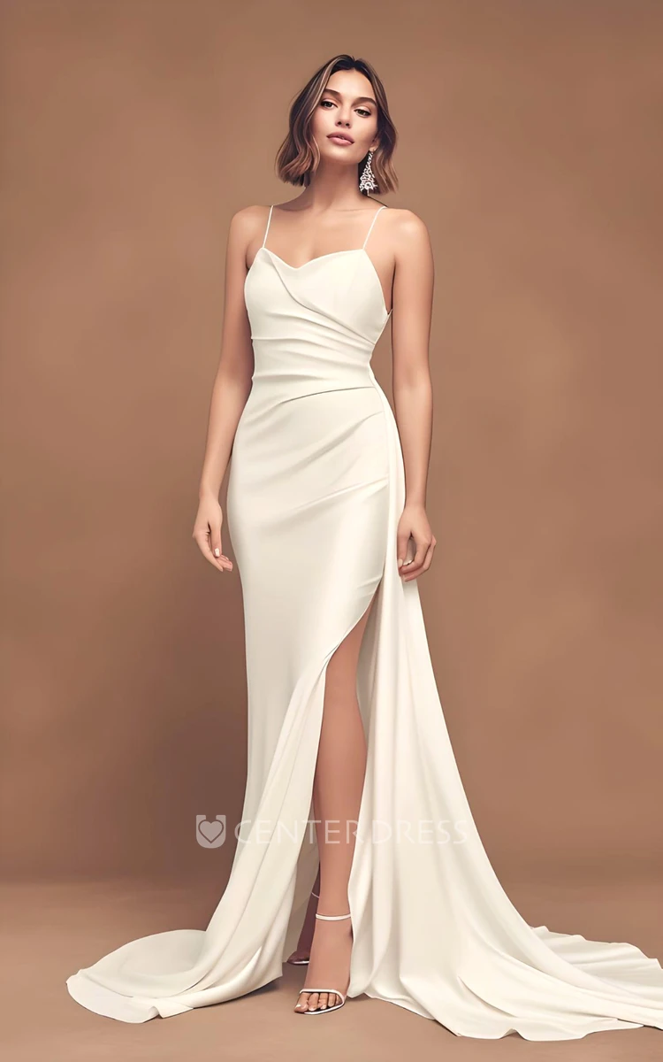 Simple Satin Mermaid Wedding Dress 2024 Split Front Spaghetti