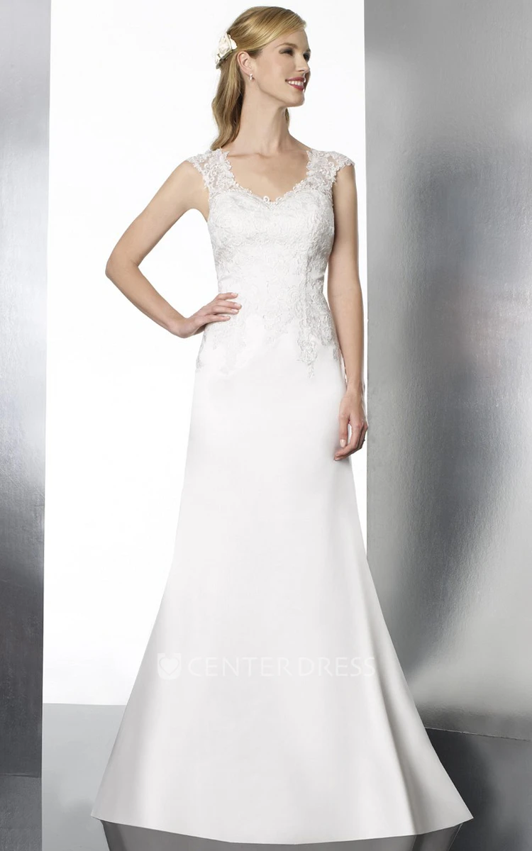 Floor-Length V-Neck Cap-Sleeve Lace&Satin Wedding Dress With Brush Train And Low-V Back