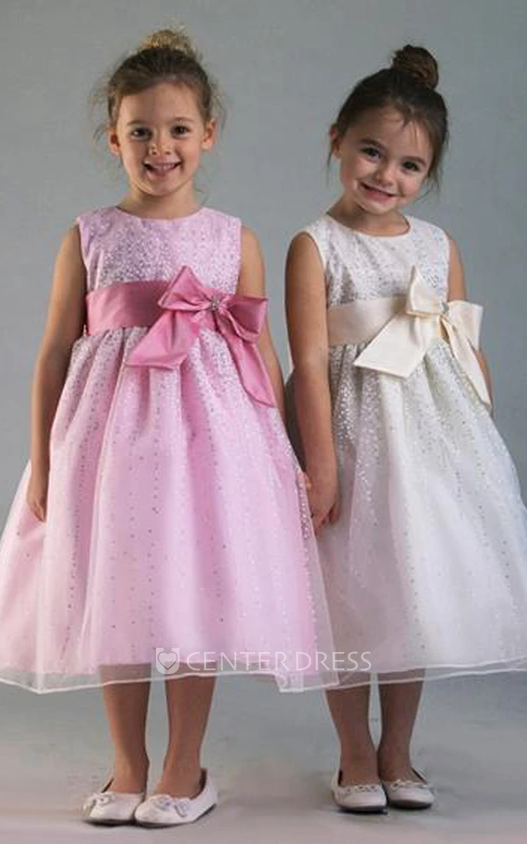 Tea-Length Tiered Bowed Tulle&Satin Flower Girl Dress With Split Front