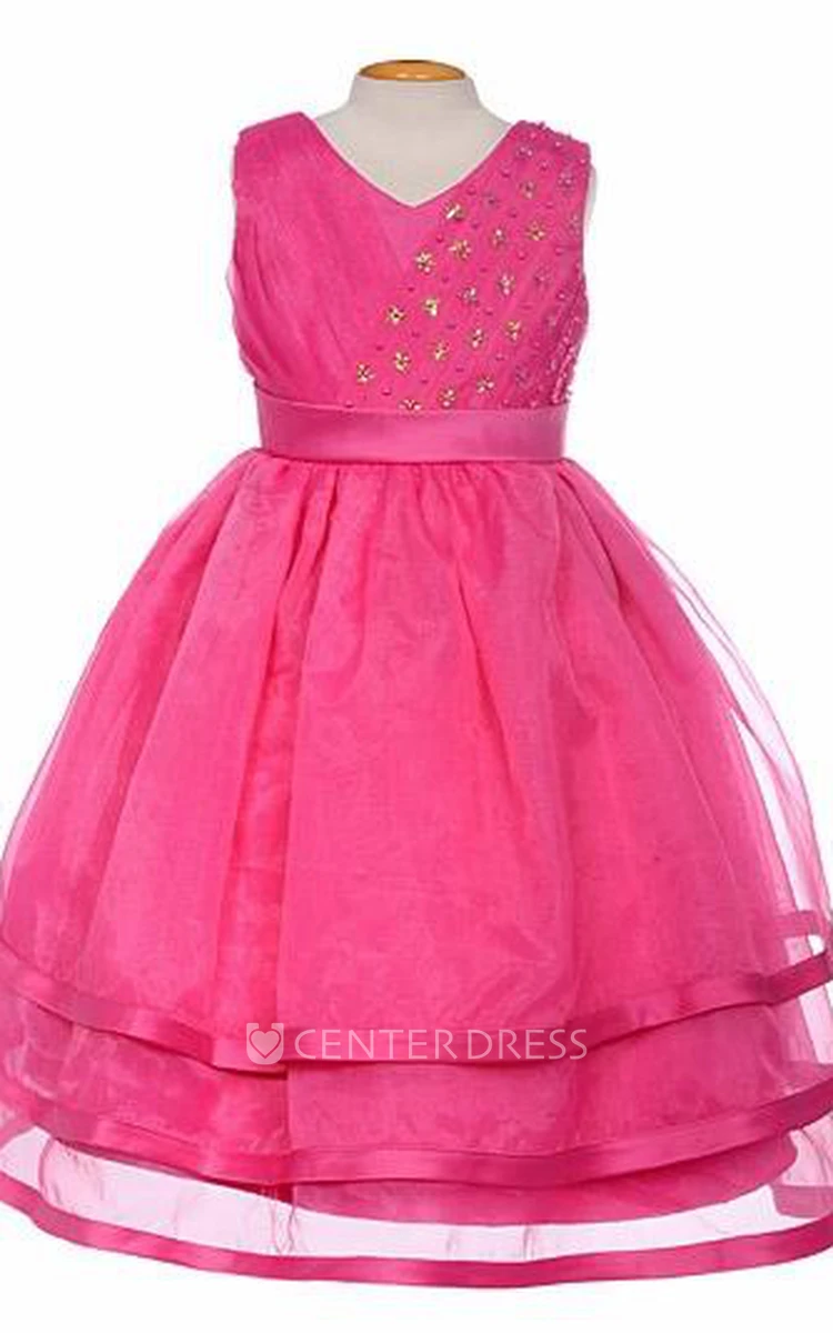 Tea-Length V-Neck Pleated Tiered Organza&Satin Flower Girl Dress With Sash