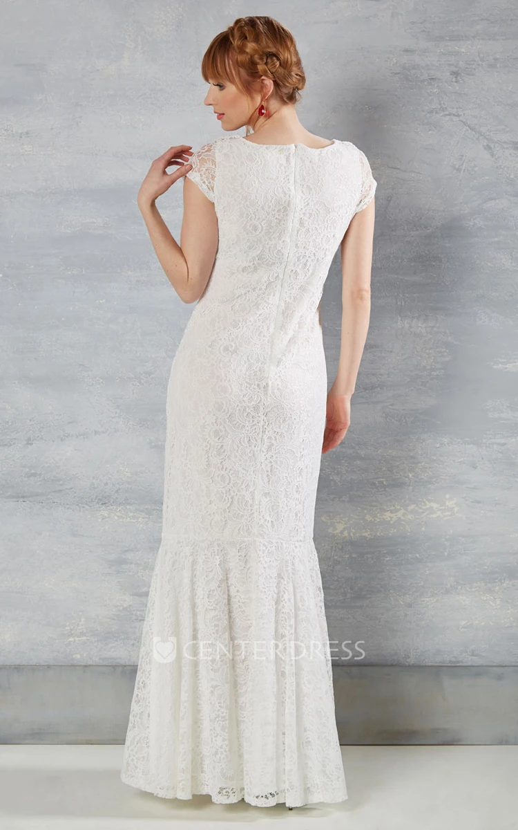 Trumpet Floor-Length Cap-Sleeve Scoop-Neck Lace Wedding Dress With Zipper