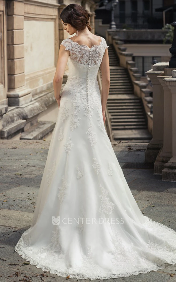 Sheath Cap-Sleeve Long Appliqued Bateau-Neck Lace Wedding Dress With Waist Jewellery
