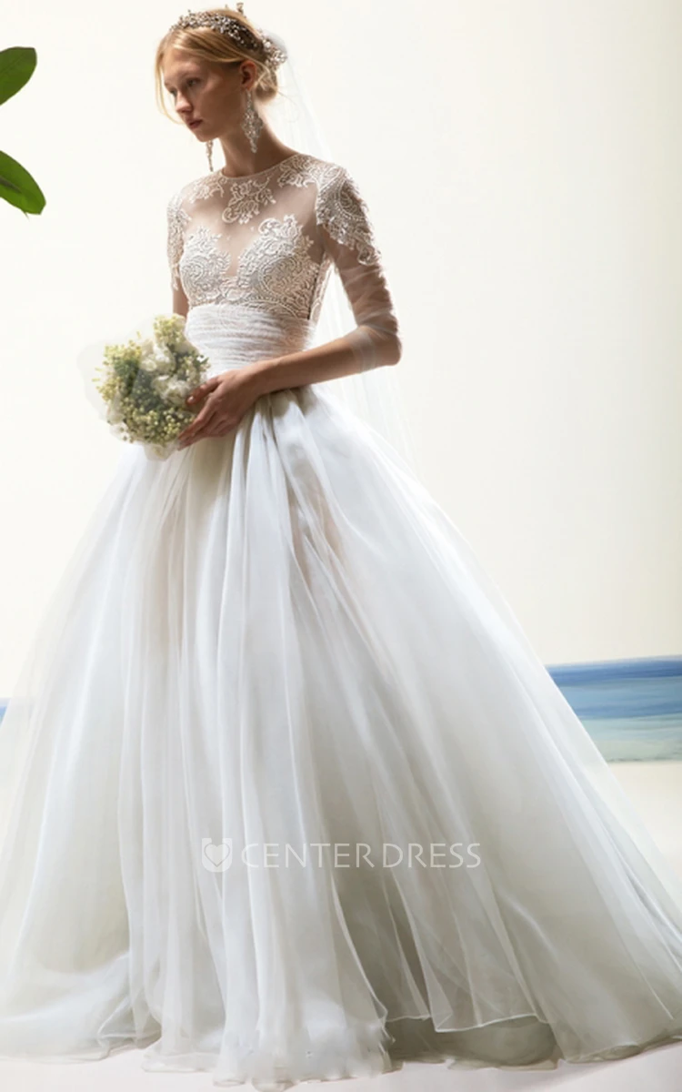 Elegant Ball Gown Floor-length Half Sleeve Tulle Wedding Dress with Appliques