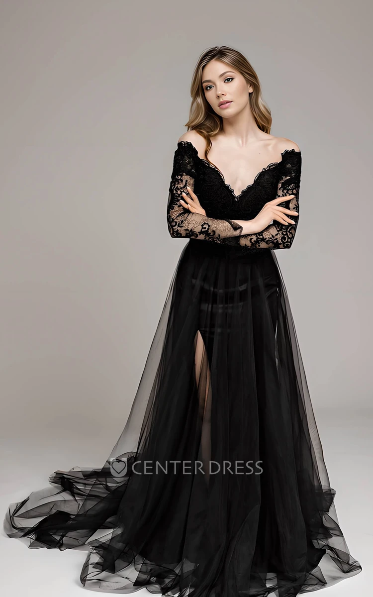 Elegant Detachable A-Line Gothic Black Boho Lace Wedding Dress Sexy Long Sleeve V-neck Bridal Gown