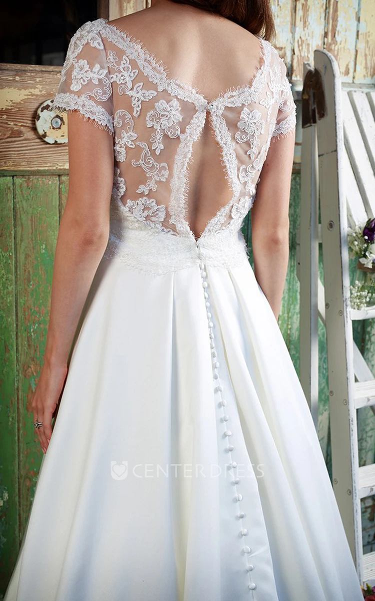 Scoop-Neck Appliqued Short-Sleeve Floor-Length Satin&Lace Wedding Dress