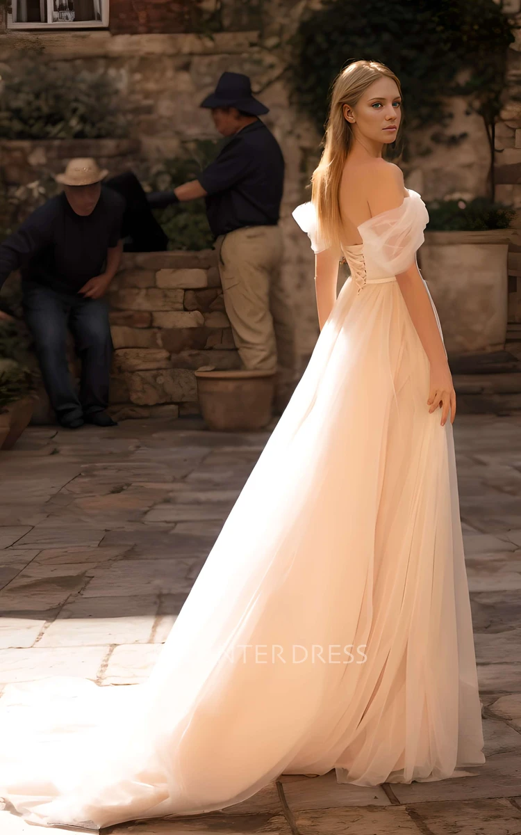 Bohemian Ethereal A-Line Off the Shoulder Wedding Dress Sexy Princess Corset Beaded Sequin Bridal Gown