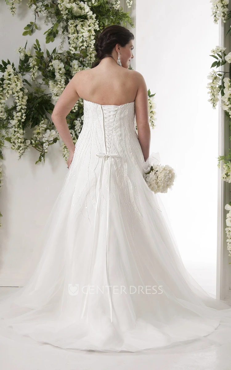 A-Line Sweetheart Long Tulle Plus Size Wedding Dress With Beading And Corset Back