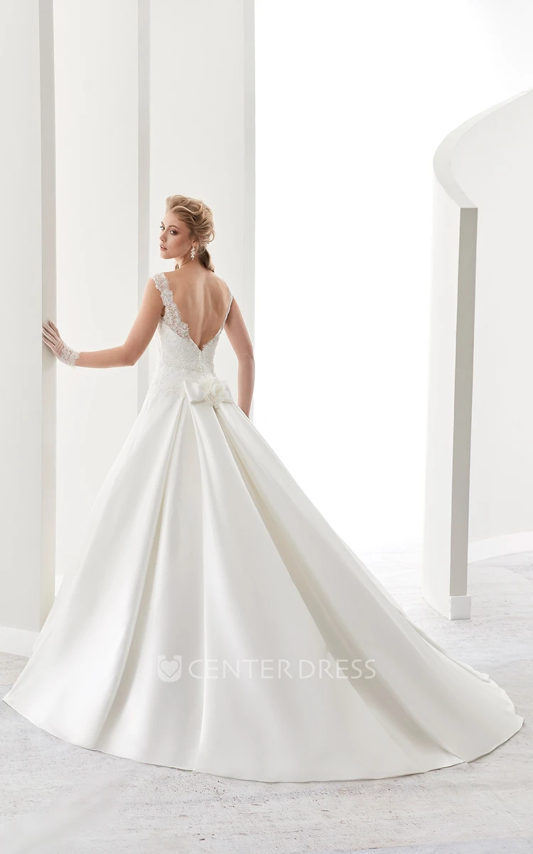V-Neck Back-Bow A-Line Satin Gown With Lace Bodice And Low-V Back