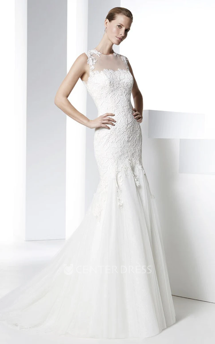 Sheath Appliqued Floor-Length Sleeveless Jewel Lace Wedding Dress With Illusion Back And Brush Train