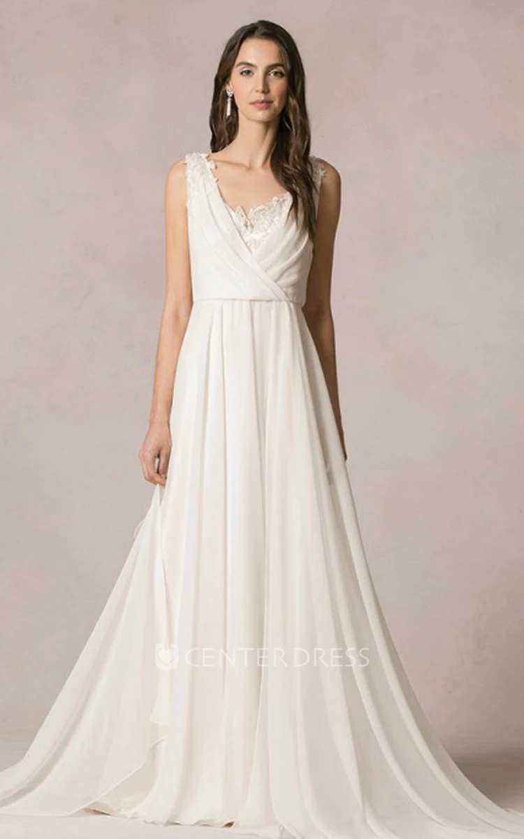 Floor-Length Sleeveless V-Neck Chiffon Wedding Dress
