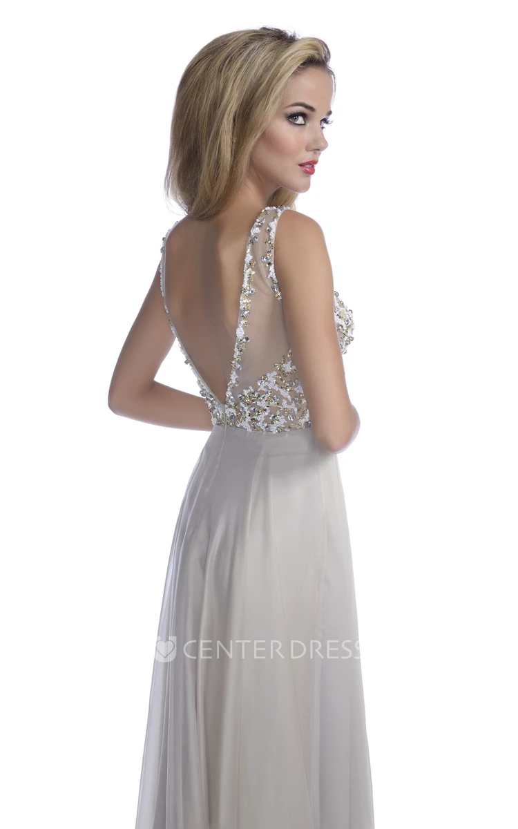 Deep V-Back Chiffon A-Line Sleeveless Prom Dress With Sequined Bodice