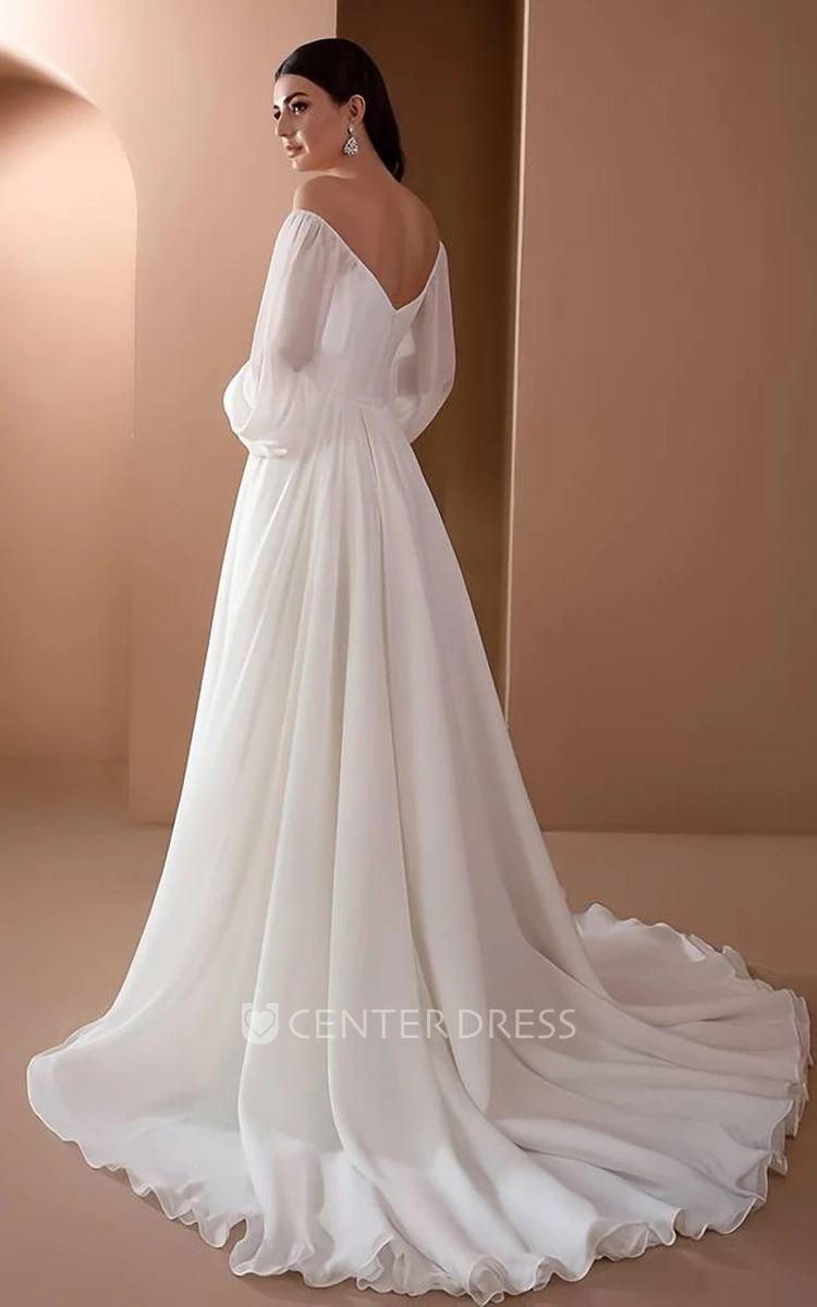Off-the-Shoulder A-Line Wedding Dress with Chiffon Skirt and 3/4 Sleeves Elegant