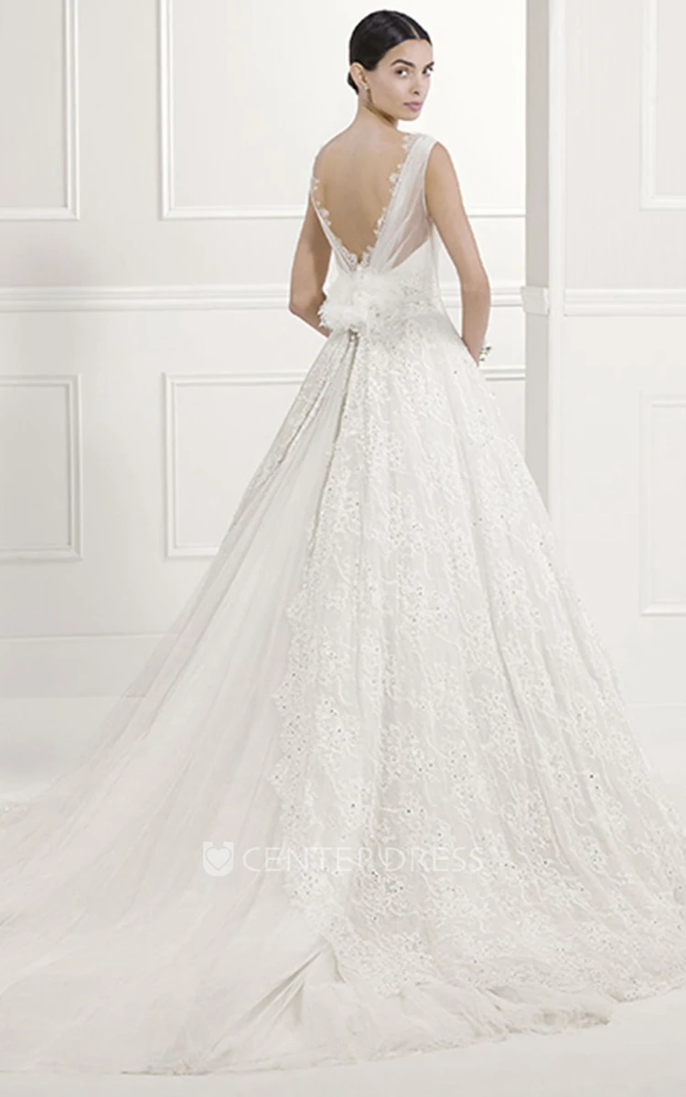 V Neck A-line Lace Bridal Gown With V Back And Back Flower