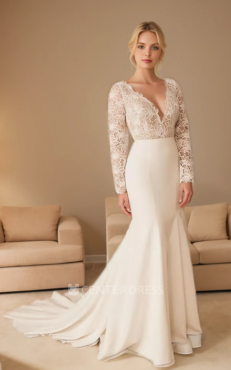 Sexy Deep-V-neck Long Sleeve Wedding Dress Mermaid Satin Bridal Gown with Lace Appliques