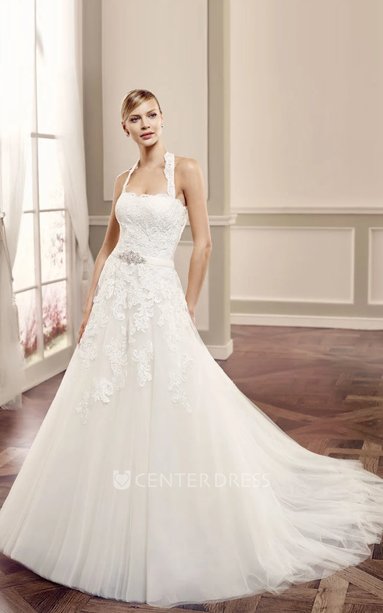Ball-Gown Sleeveless Floor-Length Halter Appliqued Lace Wedding Dress With Waist Jewellery