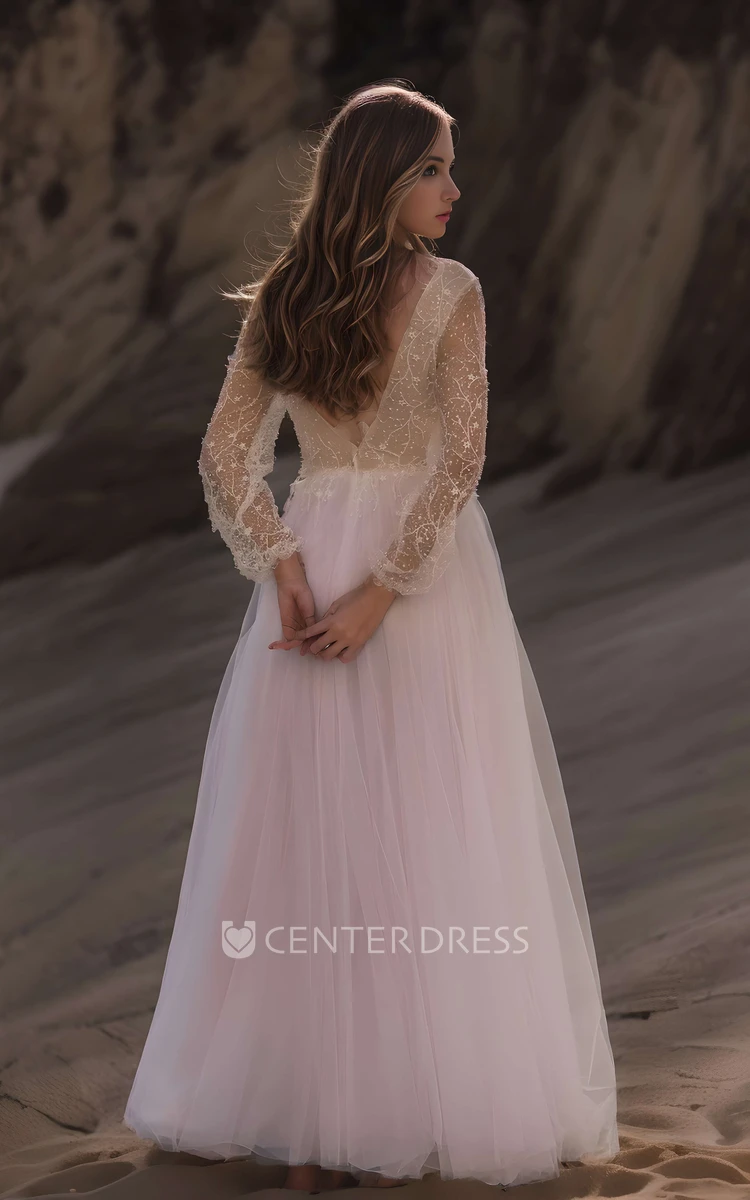 Modern Casual Boho Lace Sequins A-Line Long Sleeve Wedding Dress with Beading Ethereal Flowy Tulle Maxi Low Back Bridal Gown