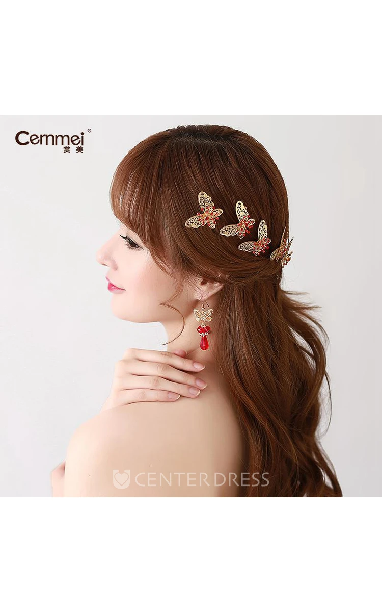 Bride Red Headdress Hair Ornaments Chinese Cheongsam Wedding Accessories Plate Hairpin U-Shaped Clip