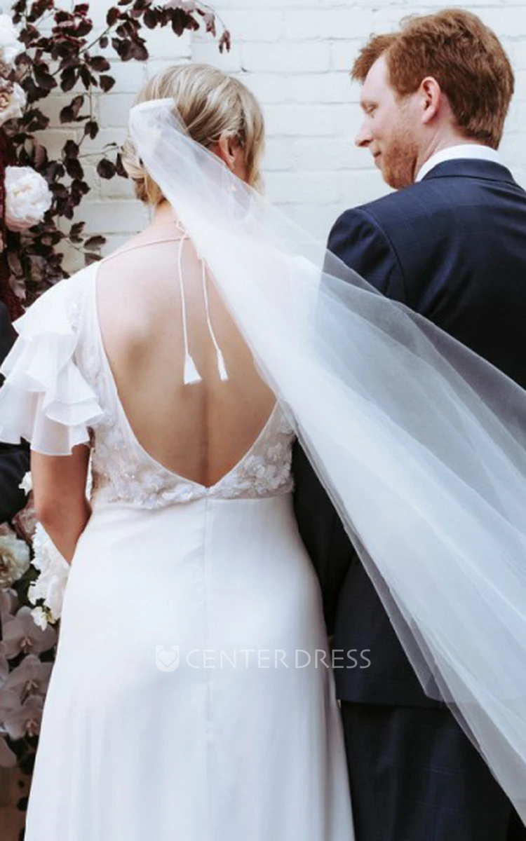 Sheath V-neck Elegant Bridal Dress Short Sleeve Chiffon White Sweep Train