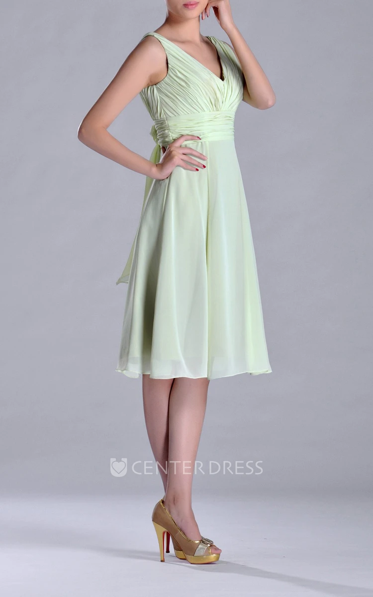 Knee-length V-Neckline Empire Chiffon Bridesmaid Dress With Deep-V Back Style