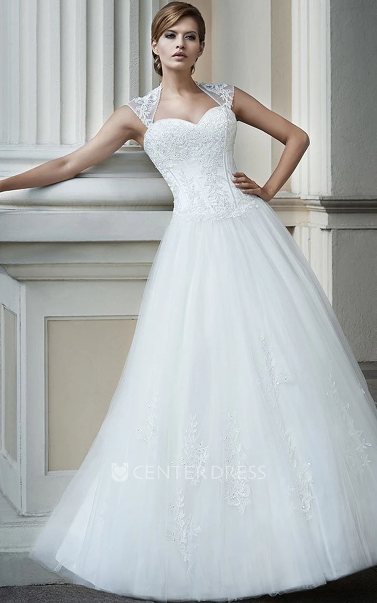 A-Line Long Appliqued Queen-Anne Tulle&Lace Wedding Dress
