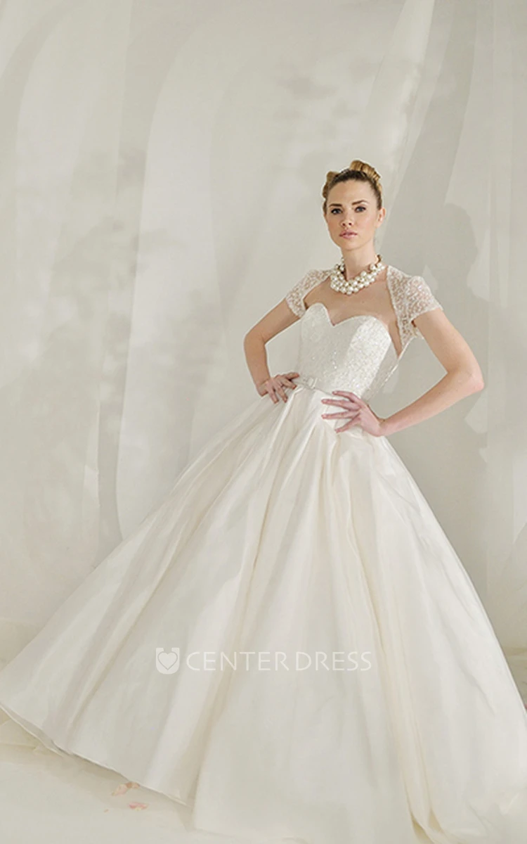 A-Line Sweetheart Beaded Maxi Cap-Sleeve Satin Wedding Dress With Illusion Back