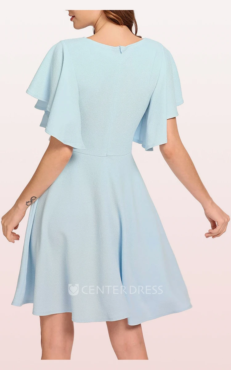 A Line Short Sleeve Jersey Modest Elegant Zipper Dress with Pleats