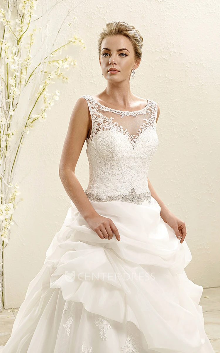 A-Line Floor-Length Sleeveless Bateau-Neck Pick-Up Lace&Organza Wedding Dress With Waist Jewellery And Appliques