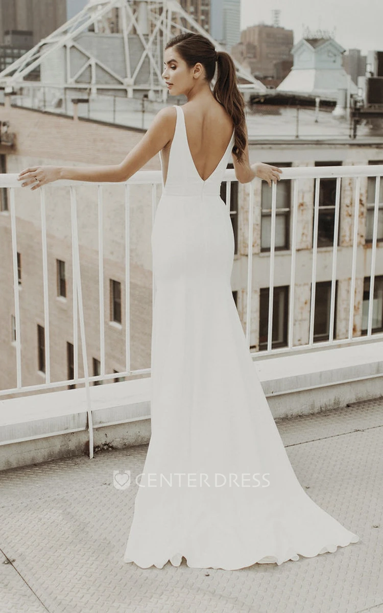Sexy Mermaid V-neck Satin Wedding Gown With Train And Deep V-back